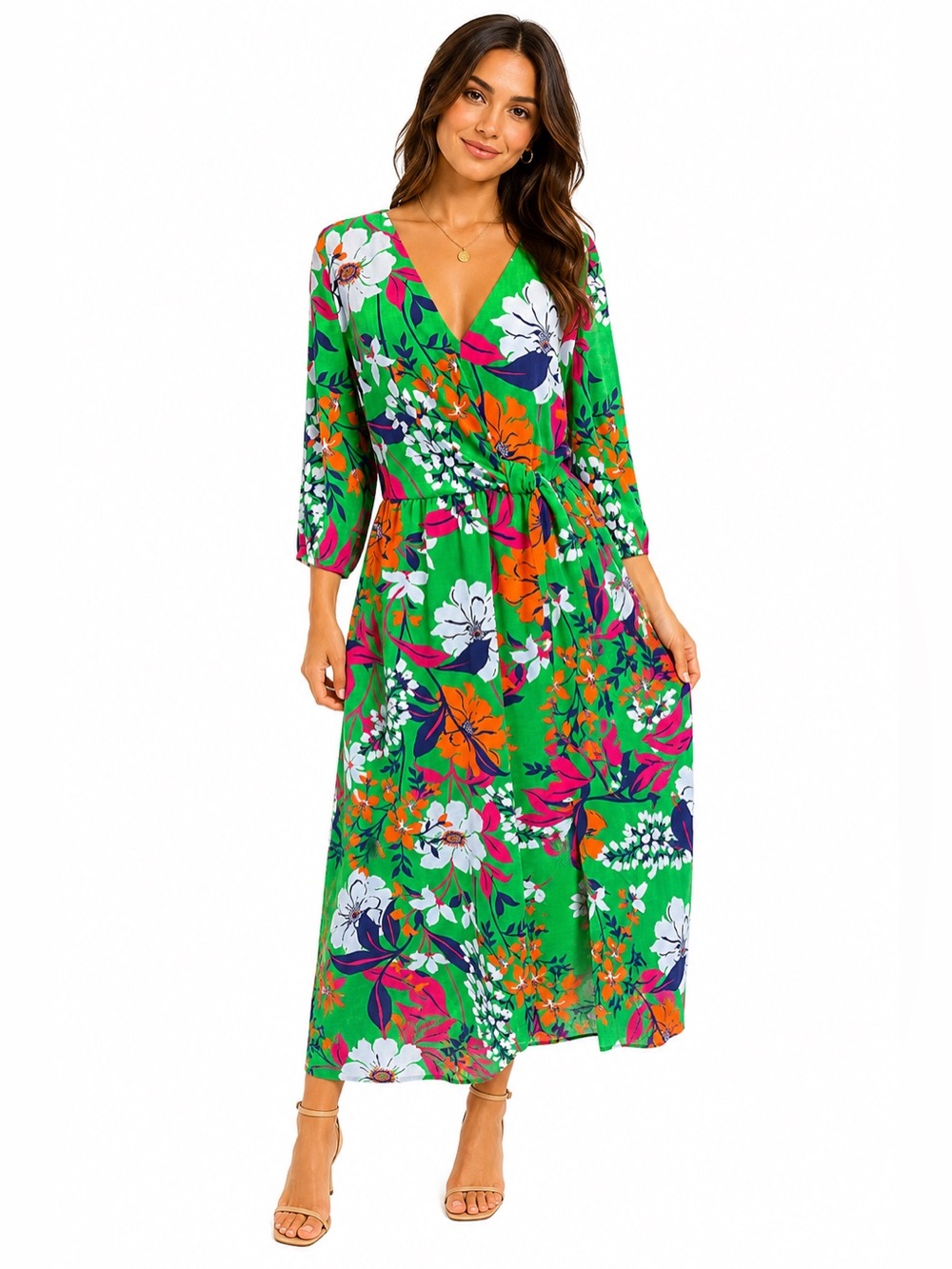 Kensie Tropical Floral  Dress Green Pink Orange Boho Resort Midi 8 garden party